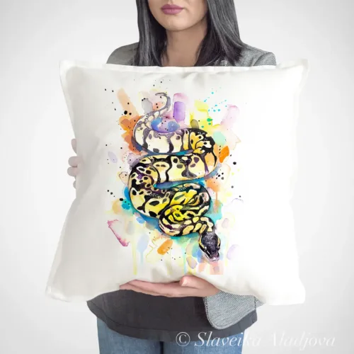 Pastel Ball Python watercolor painting printed on a 50 x 50 cm cotton art pillow cover by Slaveika Aladjova