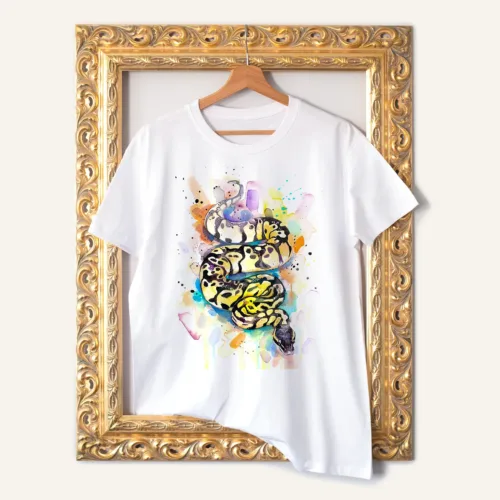 Pastel Ball Python T-Shirt, Watercolor Art Tee Pastel Ball Python watercolor painting printed on a white cotton T-shirt by Slaveika Aladjova