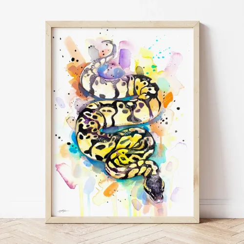 Pastel Ball Python watercolor painting the artwork on the T-shirt by Slaveika Aladjova