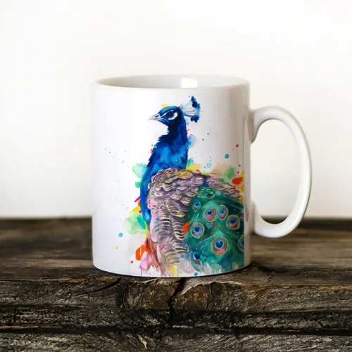 Peacock Art Mug, Watercolor Ceramic Mug 11 oz Peacock watercolor painting printed on an 11 oz ceramic art mug by Slaveika Aladjova