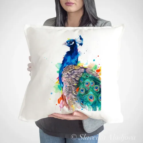 Peacock Art Pillow Cover, Watercolor Cushion 50 × 50 cm Peacock watercolor painting printed on a 50 x 50 cm cotton art pillow cover by Slaveika Aladjova