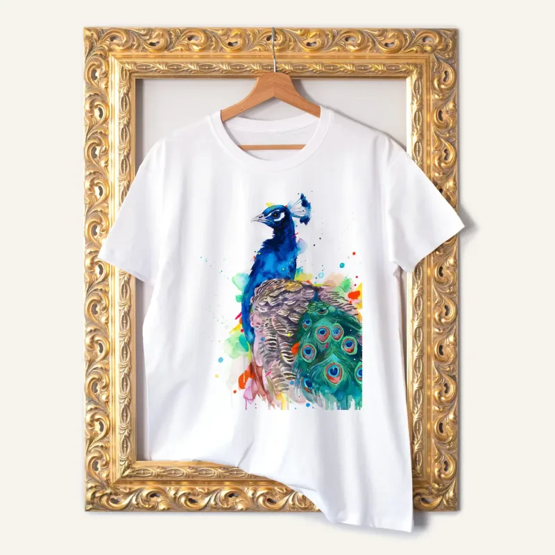Peacock watercolor painting printed on a white cotton T-shirt by Slaveika Aladjova