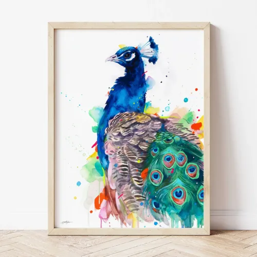 Peacock watercolor painting the artwork on the T-shirt by Slaveika Aladjova