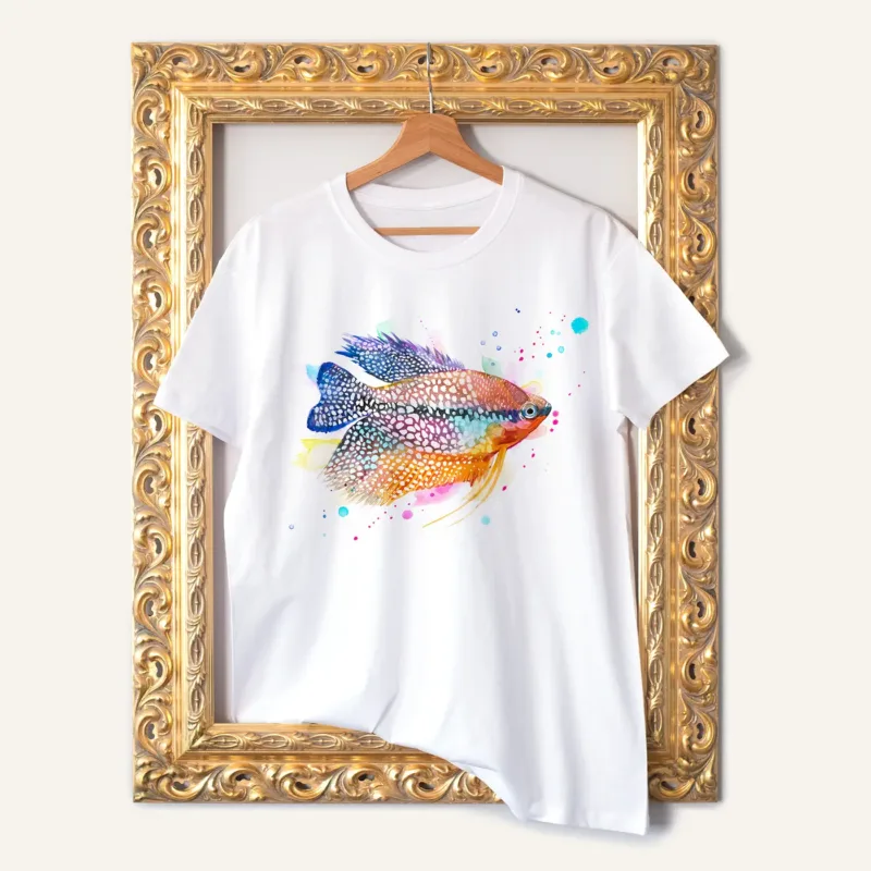 Pearl Gourami watercolor painting printed on a white cotton T-shirt by Slaveika Aladjova