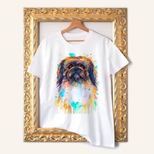 Pekingese watercolor painting printed on a white cotton T-shirt by Slaveika Aladjova