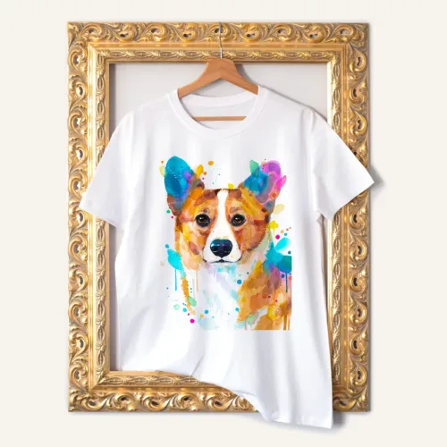 Pembroke Welsh Corgi T-Shirt, Watercolor Art Tee Pembroke Welsh Corgi watercolor painting printed on a white cotton T-shirt by Slaveika Aladjova
