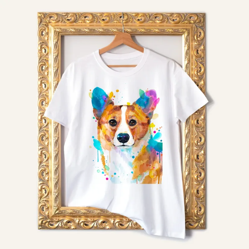 Pembroke Welsh Corgi watercolor painting printed on a white cotton T-shirt by Slaveika Aladjova