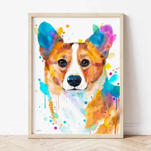 Pembroke Welsh Corgi watercolor painting the artwork on the T-shirt by Slaveika Aladjova