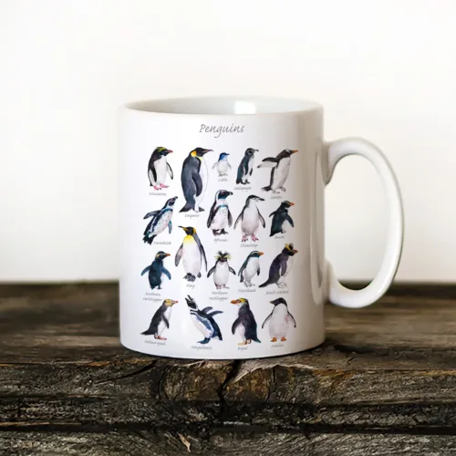 Penguins of the World Art Mug, Watercolor Ceramic Mug 11 oz Penguins of the World watercolor painting printed on an 11 oz ceramic art mug by Slaveika Aladjova