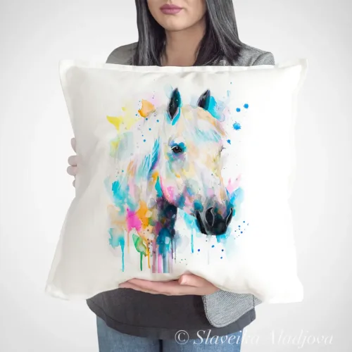 Percheron Horse Art Pillow Cover, Watercolor Cushion 50 × 50 cm Percheron Horse watercolor painting printed on a 50 x 50 cm cotton art pillow cover by Slaveika Aladjova