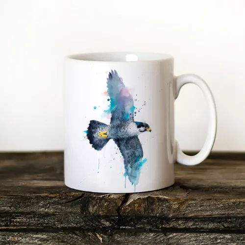 Peregrine Falcon in Flight Art Mug, Watercolor Ceramic Mug 11 oz Peregrine Falcon in Flight watercolor painting printed on an 11 oz ceramic art mug by Slaveika Aladjova
