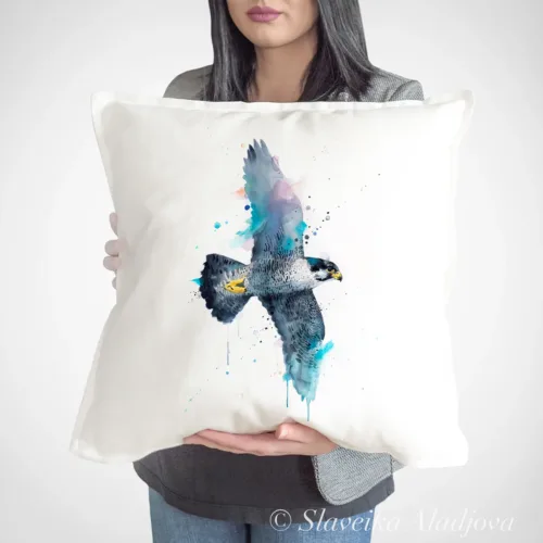 Peregrine Falcon in Flight Art Pillow Cover, Watercolor Cushion 50 × 50 cm Peregrine Falcon in Flight watercolor painting printed on a 50 x 50 cm cotton art pillow cover by Slaveika Aladjova