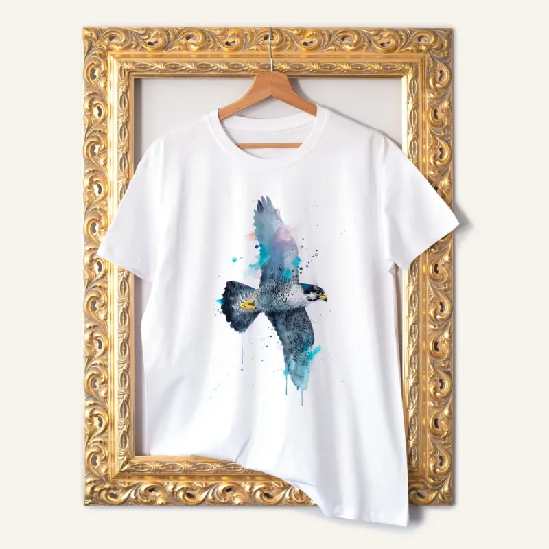 Peregrine Falcon in Flight watercolor painting printed on a white cotton T-shirt by Slaveika Aladjova