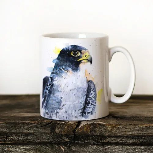 Peregrine Falcon Portrait watercolor painting printed on an 11 oz ceramic art mug by Slaveika Aladjova