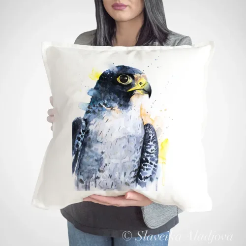 Peregrine Falcon Portrait Art Pillow Cover, Watercolor Cushion 50 × 50 cm Peregrine Falcon Portrait watercolor painting printed on a 50 x 50 cm cotton art pillow cover by Slaveika Aladjova