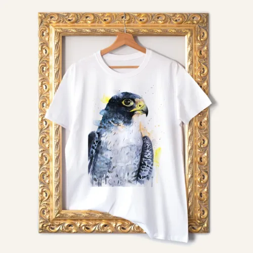 Peregrine Falcon Portrait T-Shirt, Watercolor Art Tee Peregrine Falcon Portrait watercolor painting printed on a white cotton T-shirt by Slaveika Aladjova
