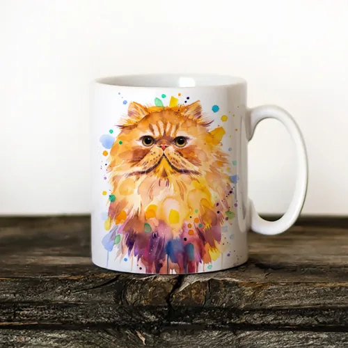 Persian Cat Art Mug, Watercolor Ceramic Mug 11 oz Persian Cat watercolor painting printed on an 11 oz ceramic art mug by Slaveika Aladjova