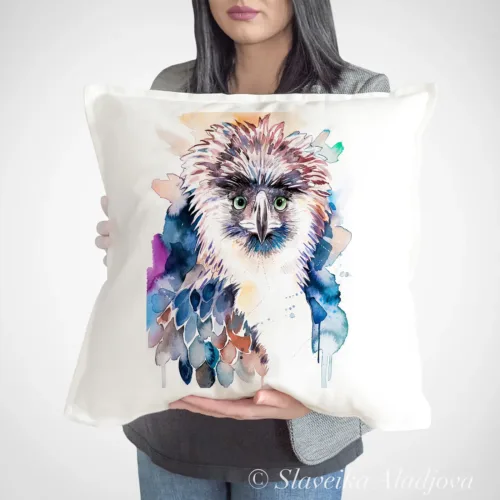 Philippine Eagle Art Pillow Cover, Watercolor Cushion 50 × 50 cm Philippine Eagle watercolor painting printed on a 50 x 50 cm cotton art pillow cover by Slaveika Aladjova