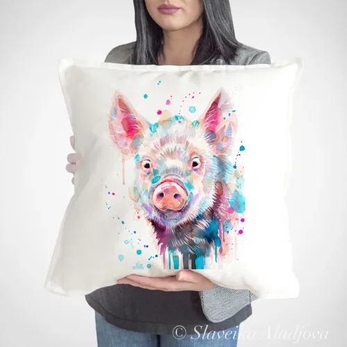 Pig Art Pillow Cover, Watercolor Cushion 50 × 50 cm Pig watercolor painting printed on a 50 x 50 cm cotton art pillow cover by Slaveika Aladjova