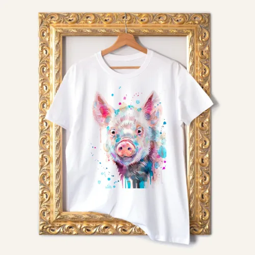 Pig T-Shirt, Watercolor Art Tee Pig watercolor painting printed on a white cotton T-shirt by Slaveika Aladjova
