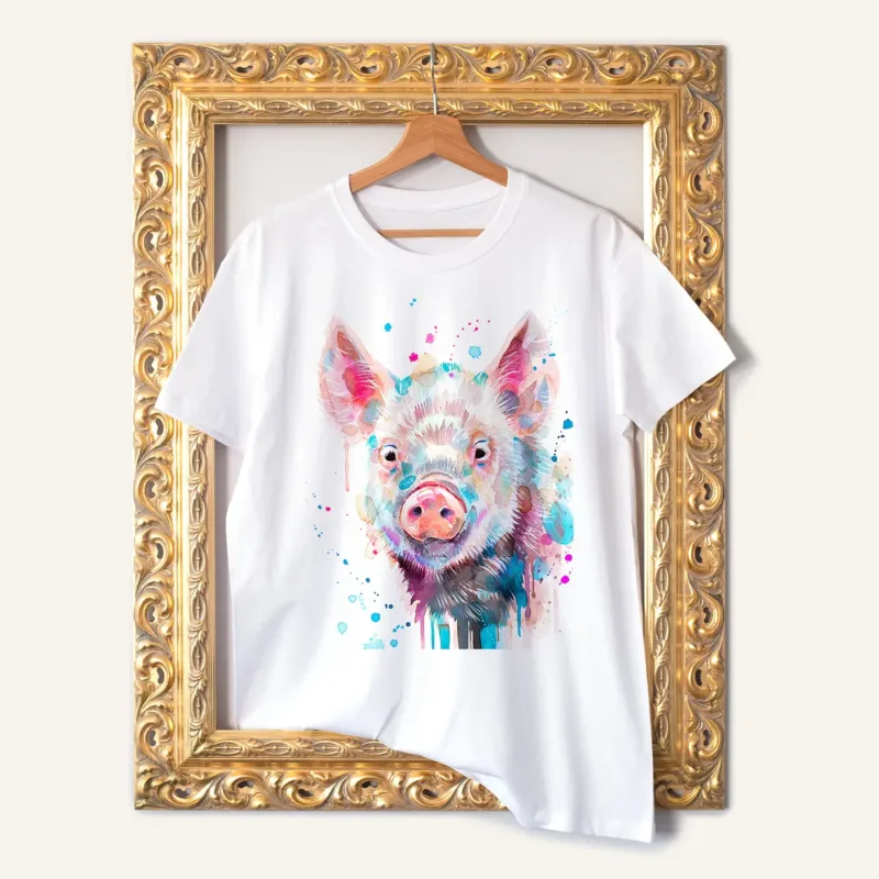 Pig watercolor painting printed on a white cotton T-shirt by Slaveika Aladjova