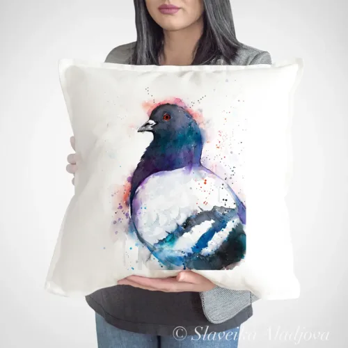 Pigeon Art Pillow Cover, Watercolor Cushion 50 × 50 cm Pigeon watercolor painting printed on a 50 x 50 cm cotton art pillow cover by Slaveika Aladjova