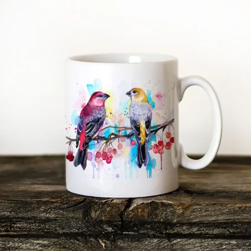Pine Grosbeaks Art Mug, Watercolor Ceramic Mug 11 oz Pine Grosbeaks watercolor painting printed on an 11 oz ceramic art mug by Slaveika Aladjova