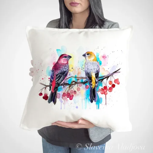 Pine Grosbeaks Art Pillow Cover, Watercolor Cushion 50 × 50 cm Pine Grosbeaks watercolor painting printed on a 50 x 50 cm cotton art pillow cover by Slaveika Aladjova