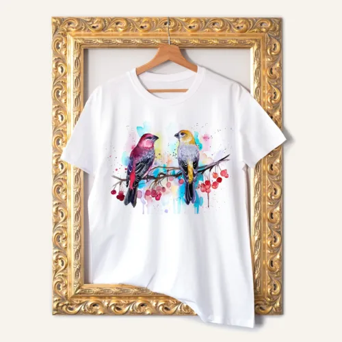 Pine Grosbeaks watercolor painting printed on a white cotton T-shirt by Slaveika Aladjova