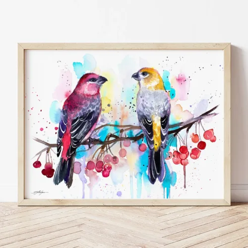 Pine Grosbeaks watercolor painting the artwork on the T-shirt by Slaveika Aladjova