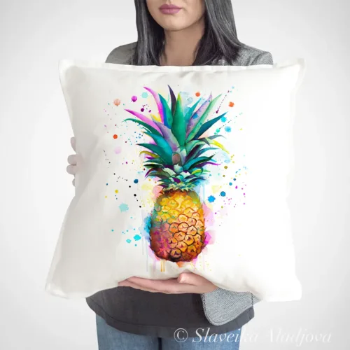Pineapple watercolor painting printed on a 50 x 50 cm cotton art pillow cover by Slaveika Aladjova