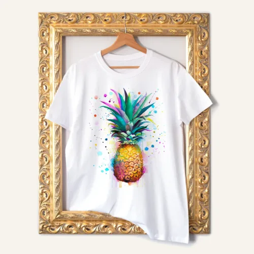 Pineapple watercolor painting printed on a white cotton T-shirt by Slaveika Aladjova