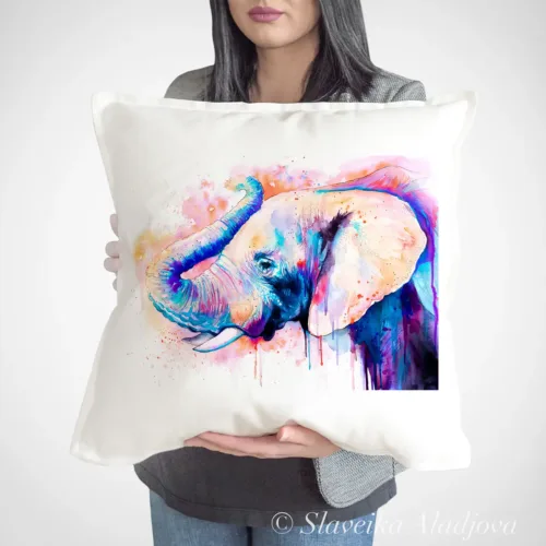 Pink Elephant Art Pillow Cover, Watercolor Cushion 50 × 50 cm Pink Elephant watercolor painting printed on a 50 x 50 cm cotton art pillow cover by Slaveika Aladjova
