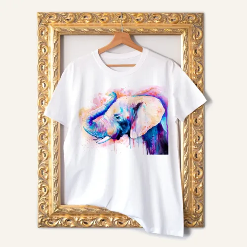 Pink Elephant T-Shirt, Watercolor Art Tee Pink Elephant watercolor painting printed on a white cotton T-shirt by Slaveika Aladjova