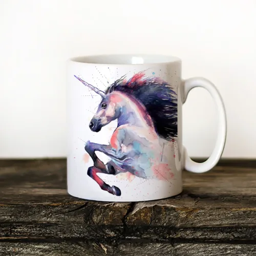 Pink Unicorn Art Mug, Watercolor Ceramic Mug 11 oz Pink Unicorn watercolor painting printed on an 11 oz ceramic art mug by Slaveika Aladjova