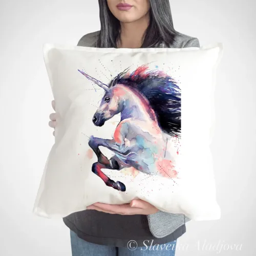 Pink Unicorn Art Pillow Cover, Watercolor Cushion 50 × 50 cm Pink Unicorn watercolor painting printed on a 50 x 50 cm cotton art pillow cover by Slaveika Aladjova