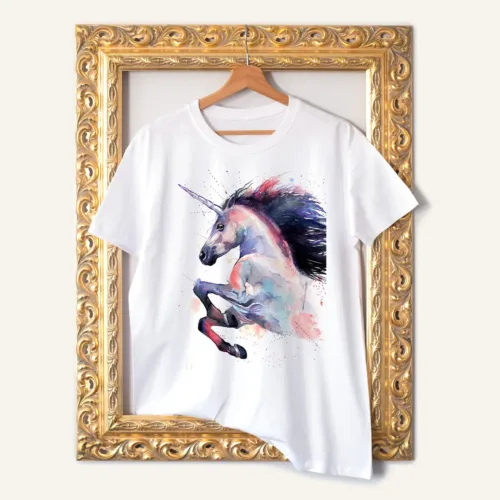 Pink Unicorn T-Shirt, Watercolor Art Tee Pink Unicorn watercolor painting printed on a white cotton T-shirt by Slaveika Aladjova