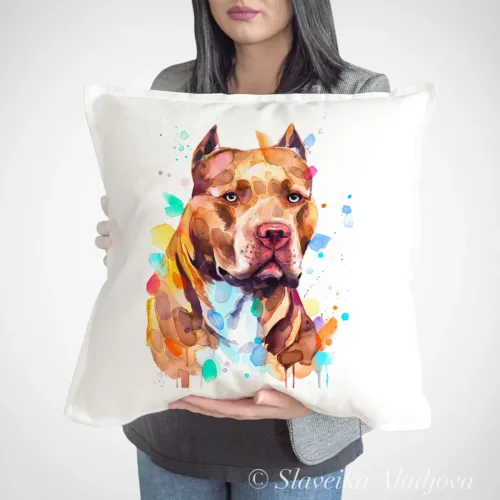 Pit Bull Art Pillow Cover, Watercolor Cushion 50 × 50 cm Pit Bull watercolor painting printed on a 50 x 50 cm cotton art pillow cover by Slaveika Aladjova