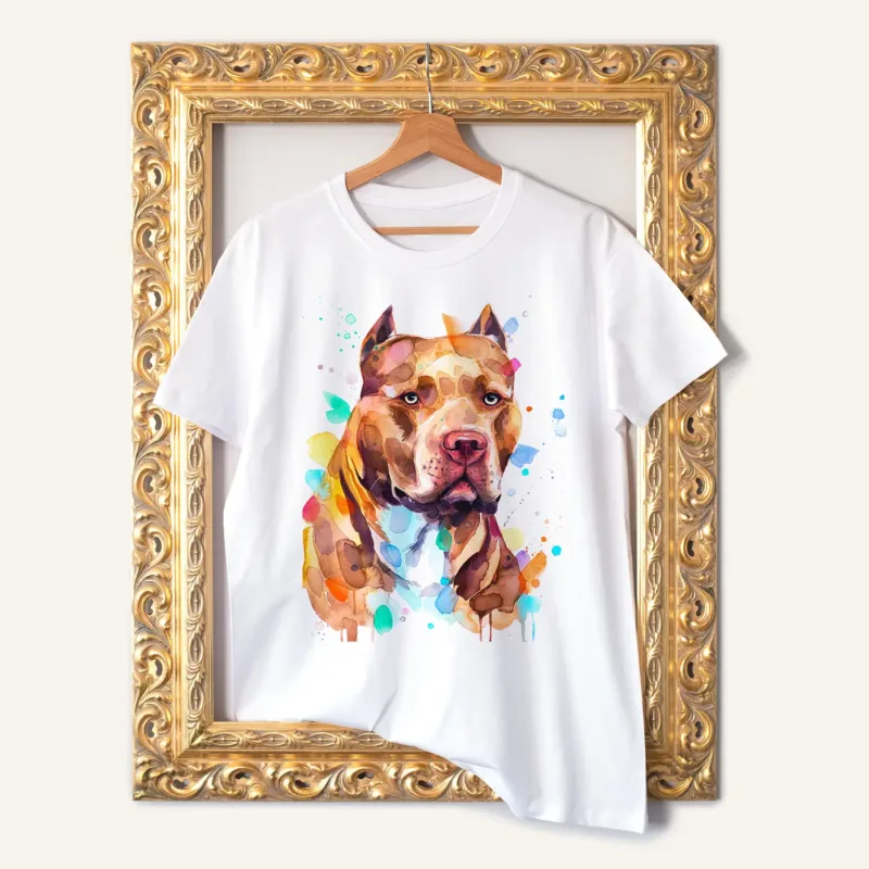Pit Bull watercolor painting printed on a white cotton T-shirt by Slaveika Aladjova