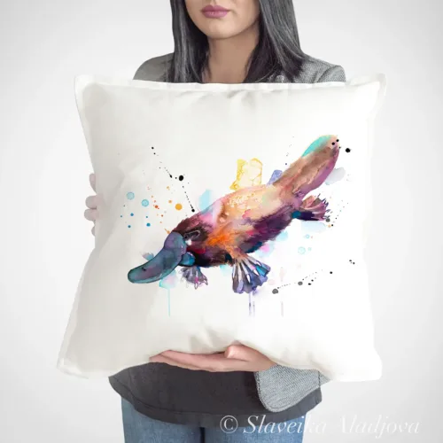 Platypus watercolor painting printed on a 50 x 50 cm cotton art pillow cover by Slaveika Aladjova