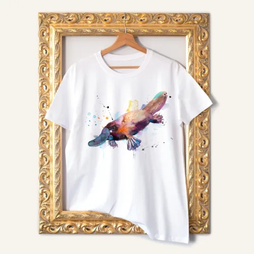 Platypus watercolor painting printed on a white cotton T-shirt by Slaveika Aladjova