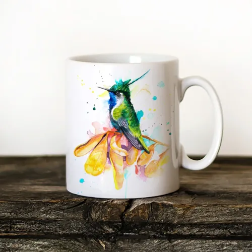 Plovercrest Hummingbird watercolor painting printed on an 11 oz ceramic art mug by Slaveika Aladjova