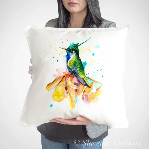 Plovercrest Hummingbird Art Pillow Cover, Watercolor Cushion 50 × 50 cm Plovercrest Hummingbird watercolor painting printed on a 50 x 50 cm cotton art pillow cover by Slaveika Aladjova