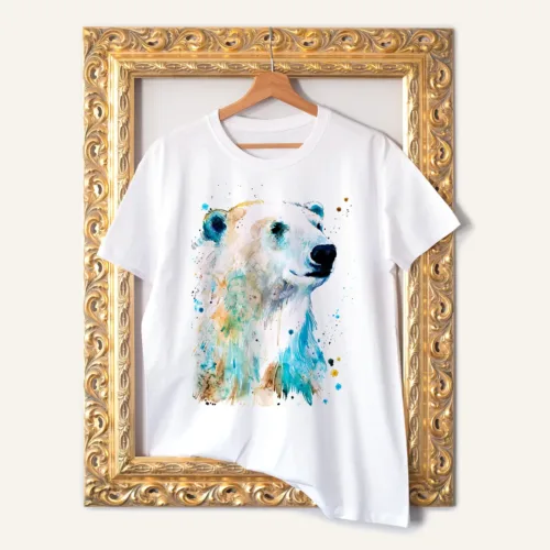 Polar bear watercolor painting printed on a white cotton T-shirt by Slaveika Aladjova