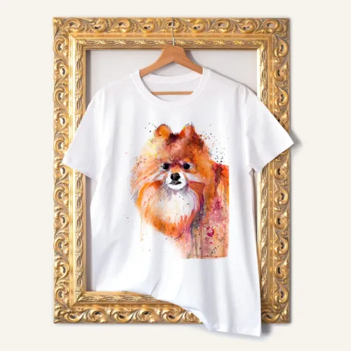 Pomeranian T-Shirt, Watercolor Art Tee Pomeranian watercolor painting printed on a white cotton T-shirt by Slaveika Aladjova