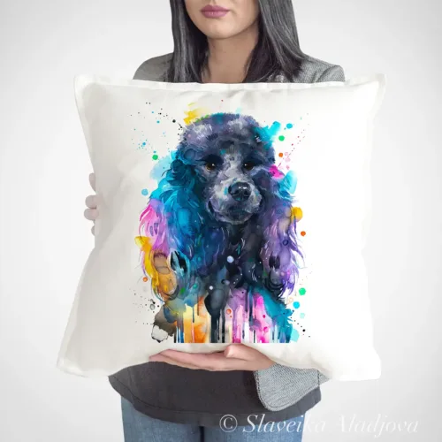 Poodle Art Pillow Cover, Watercolor Cushion 50 × 50 cm Poodle watercolor painting printed on a 50 x 50 cm cotton art pillow cover by Slaveika Aladjova