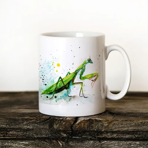 Praying Mantis watercolor painting printed on an 11 oz ceramic art mug by Slaveika Aladjova