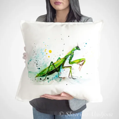 Praying Mantis Art Pillow Cover, Watercolor Cushion 50 × 50 cm Praying Mantis watercolor painting printed on a 50 x 50 cm cotton art pillow cover by Slaveika Aladjova