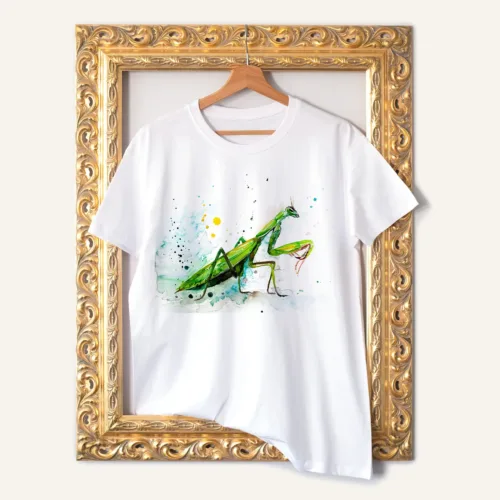 Praying Mantis T-Shirt, Watercolor Art Tee Praying Mantis watercolor painting printed on a white cotton T-shirt by Slaveika Aladjova