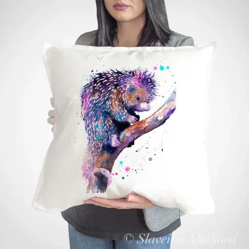 Prehensile-tailed Porcupine Art Pillow Cover, Watercolor Cushion 50 × 50 cm Prehensile-tailed Porcupine watercolor painting printed on a 50 x 50 cm cotton art pillow cover by Slaveika Aladjova